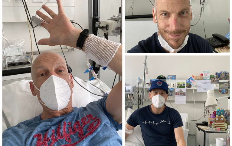 Fotocollage Raphael im Spital mit Maske und im Spitalbett